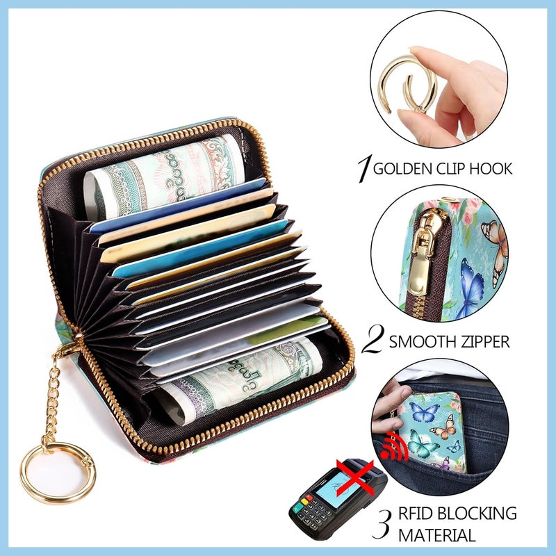 Blusabaca Credit Card Holder for Women, Butterfly Small RFID Blocking Wallet with Wristlet Strap, Keychain Zipper Women Wallet, Leather Card Case, Accordion Card Wallet Purse with Key Lanyard - Image 5